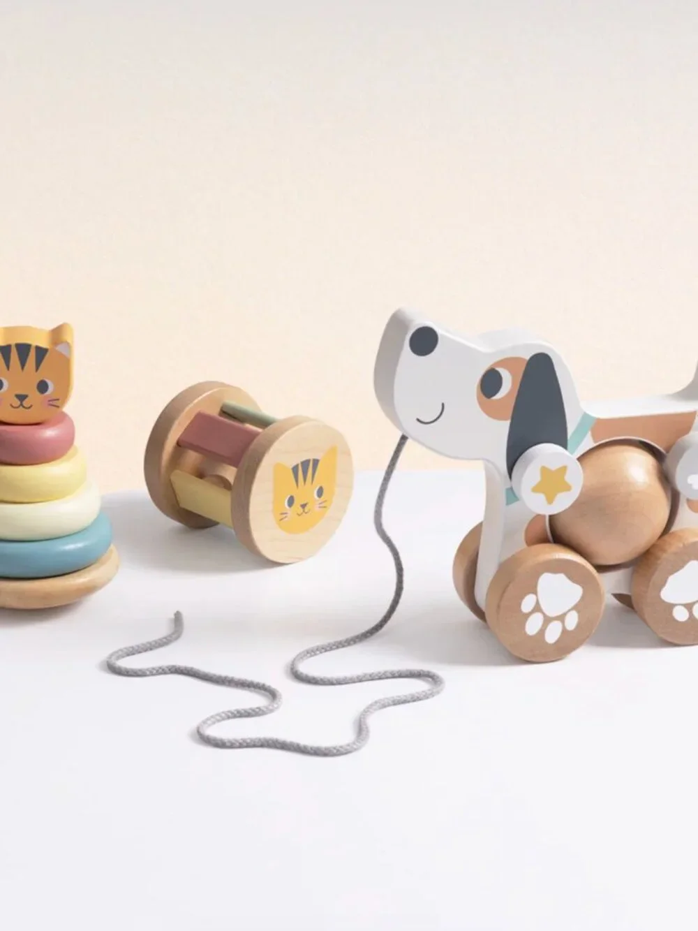 Montessori Wooden Pull Along Dog Toy & Stacking Rings Gift Set New